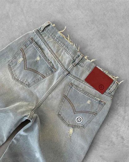 Straight Jeans Distressed Men Jean Ripped Holes Washed Denim Pants Ankle Length Loose Solid Zipper Fly Pockets Casual 2025