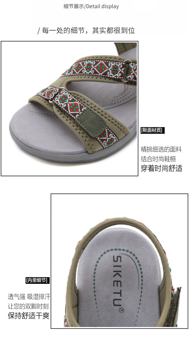 Spring And Summer Printed Velcro Comfortable Casual Beach Flat Sandals For Women's Ethnic Style Leisure Comfortable And Simple