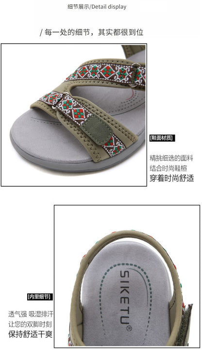 Spring And Summer Printed Velcro Comfortable Casual Beach Flat Sandals For Women's Ethnic Style Leisure Comfortable And Simple