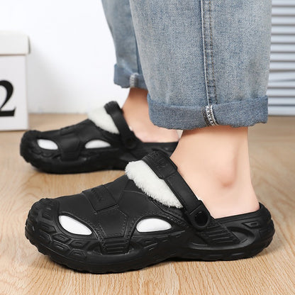 Big Size Winter Casual Men's Slippers Indoor Waterproof PU Leather Home Shoes Fur Flat Warm Fashion Bedroom Houseshoes