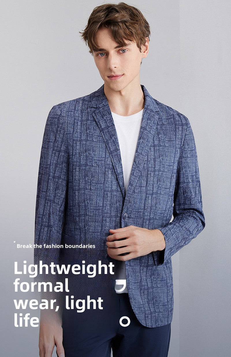 High-End Lightweight Knitted Me Qui-Dry Casual Men's Summer Thin Suit Jaet Busin Gentleman Sle round Hemline Long ...