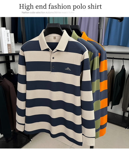 Unique stripe color blocked long sleeve polo shirt men high-end trend brand letters embossed spring autumn new comfort T-shirt