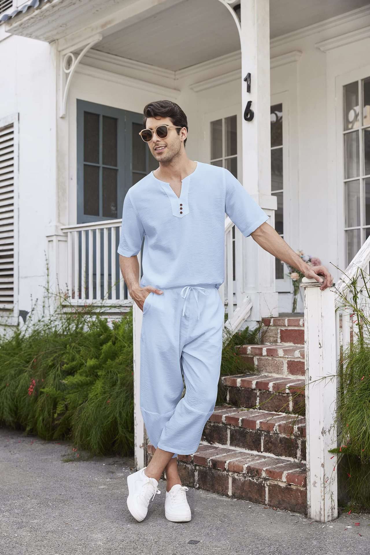 Summer Cotton Linen Shirt Set Men's Casual Outdoor 2-Piece Suit Andhome Clothes Pajamas Comfy Breathable Beach Short Sleeve Sets