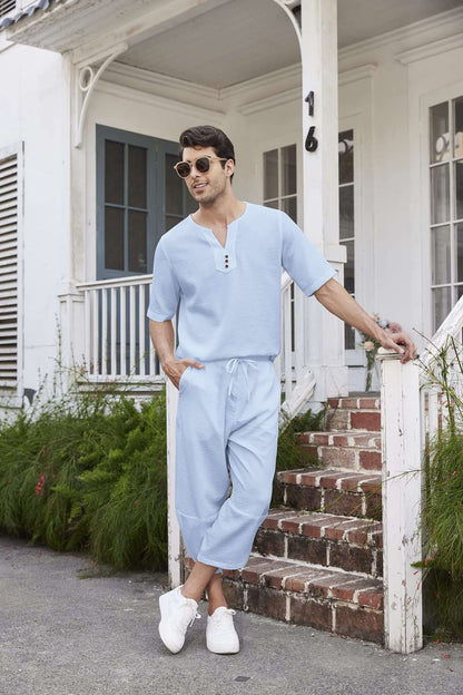 Summer Cotton Linen Shirt Set Men's Casual Outdoor 2-Piece Suit Andhome Clothes Pajamas Comfy Breathable Beach Short Sleeve Sets