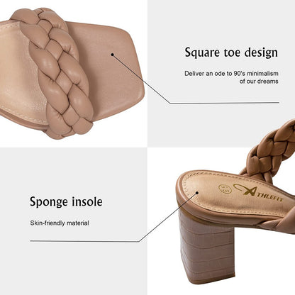 Elegant Women's Braided Heels Sandalias Fashion Strappy Square Sandals Open Toe Backless Mules Slip On Block Heeled Shoes