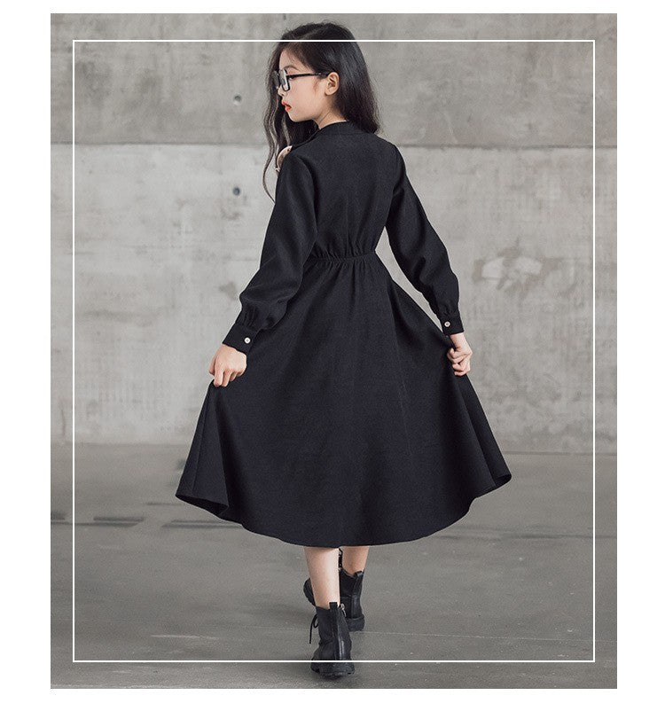 Girls' Dress New Style For  Children Stand Collar Waist-Cinching Slimming Mid-Length Dress Long Sleeve For Kids 5-12Y