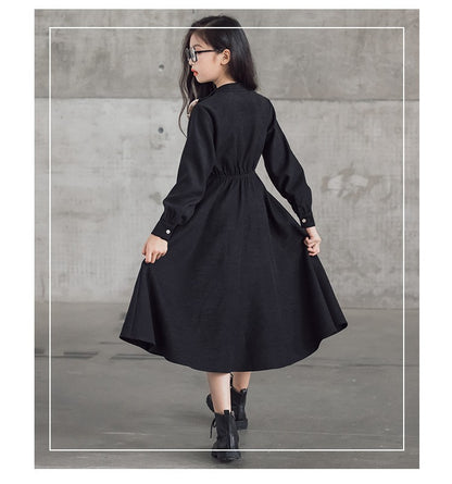 Girls' Dress New Style For  Children Stand Collar Waist-Cinching Slimming Mid-Length Dress Long Sleeve For Kids 5-12Y