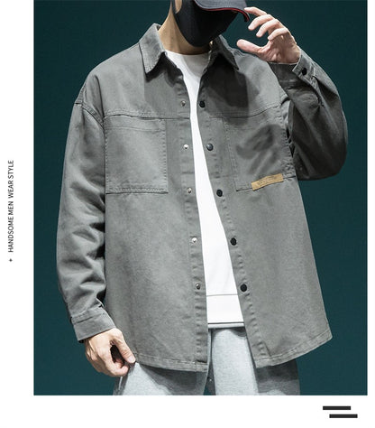 Autumn Men's Long Sleeve Cargo Shirt Casual Korean Fashion Oversize Blouses Hombre 2025 New High Street Y2K T Shirt Baggy Jacket