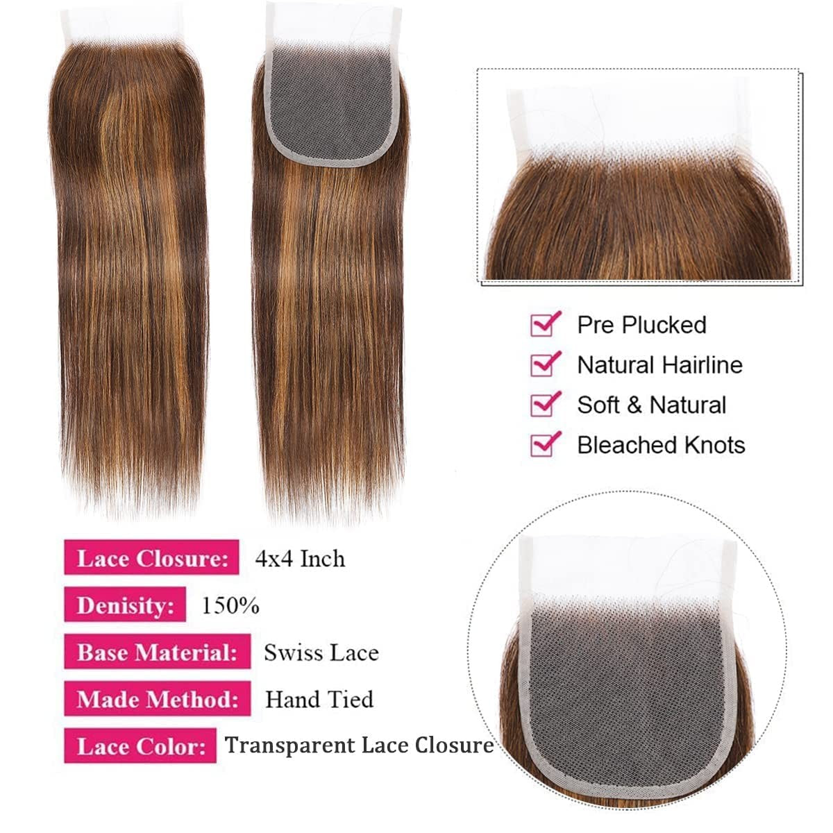 destaque 12A Pacotes de Cabelo Humano Liso com Fechamento Loiro Mel Pacotes de Cabelo Humano 100% Virgem Cru Birmanês