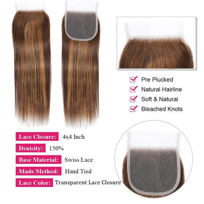 destaque 12A Pacotes de Cabelo Humano Liso com Fechamento Loiro Mel Pacotes de Cabelo Humano 100% Virgem Cru Birmanês