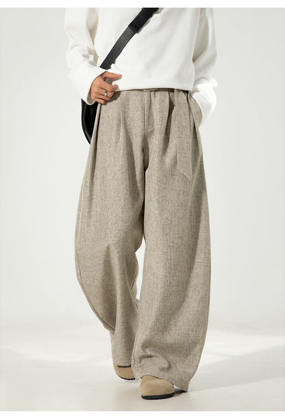 Men's Pleated Drape Curved-Leg Trousers Loose-Fit Straight-Leg Pants Retro-Style Belted Casual Pants