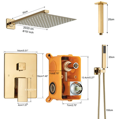 Golden Shower Faucets Set 2-Ways Rainfall Shower System Wall Mounted Shower Head Bathroom Bathroom Tap Shower Mixers Concealed
