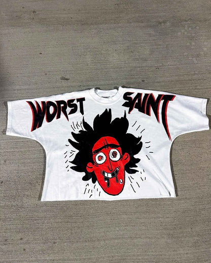 American Hip-hop Anime Print Oversized T-shirt Men Retro Trendy Streetwear Top Pure Cotton Round Neck Casual Loose Short Sleeves