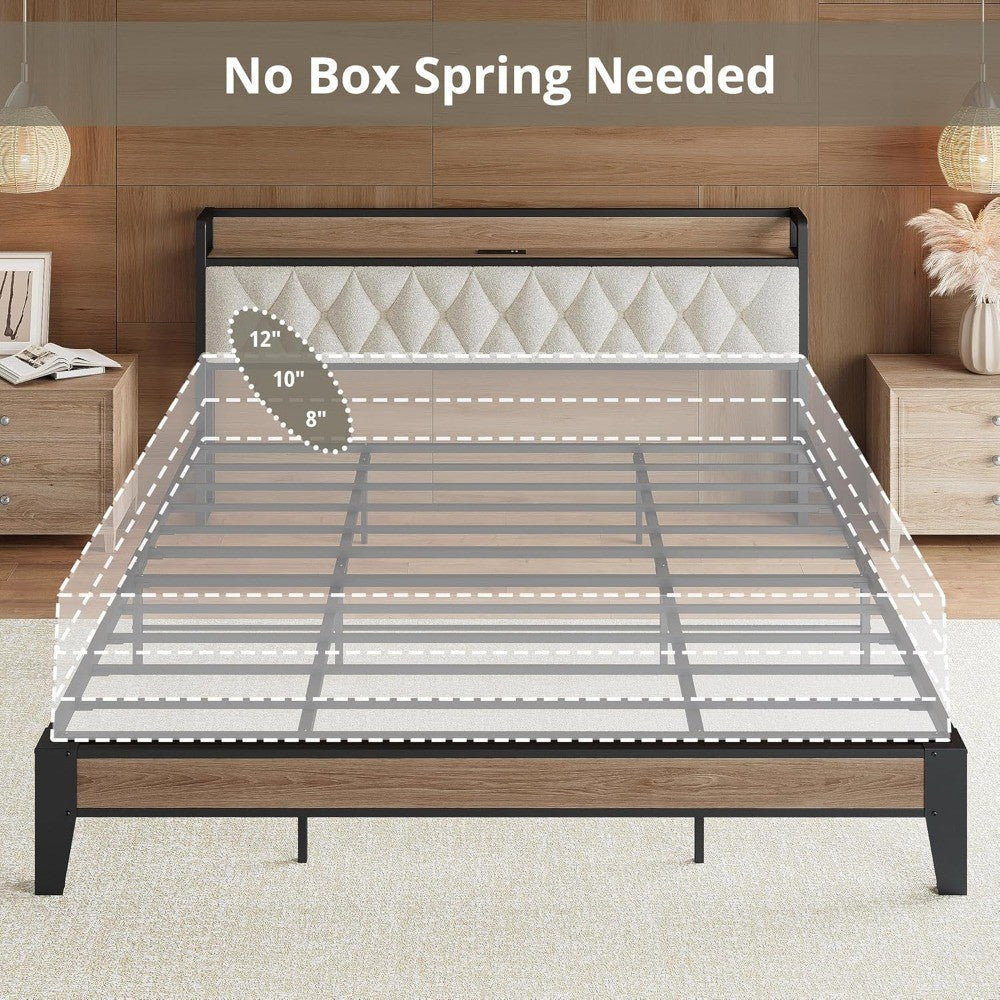 California King Bed Frame, Storage Headboard with Charging Station, Platform Bed Frame with Strong Metal Support, Sturdy