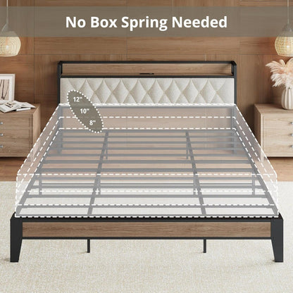 California King Bed Frame, Storage Headboard with Charging Station, Platform Bed Frame with Strong Metal Support, Sturdy