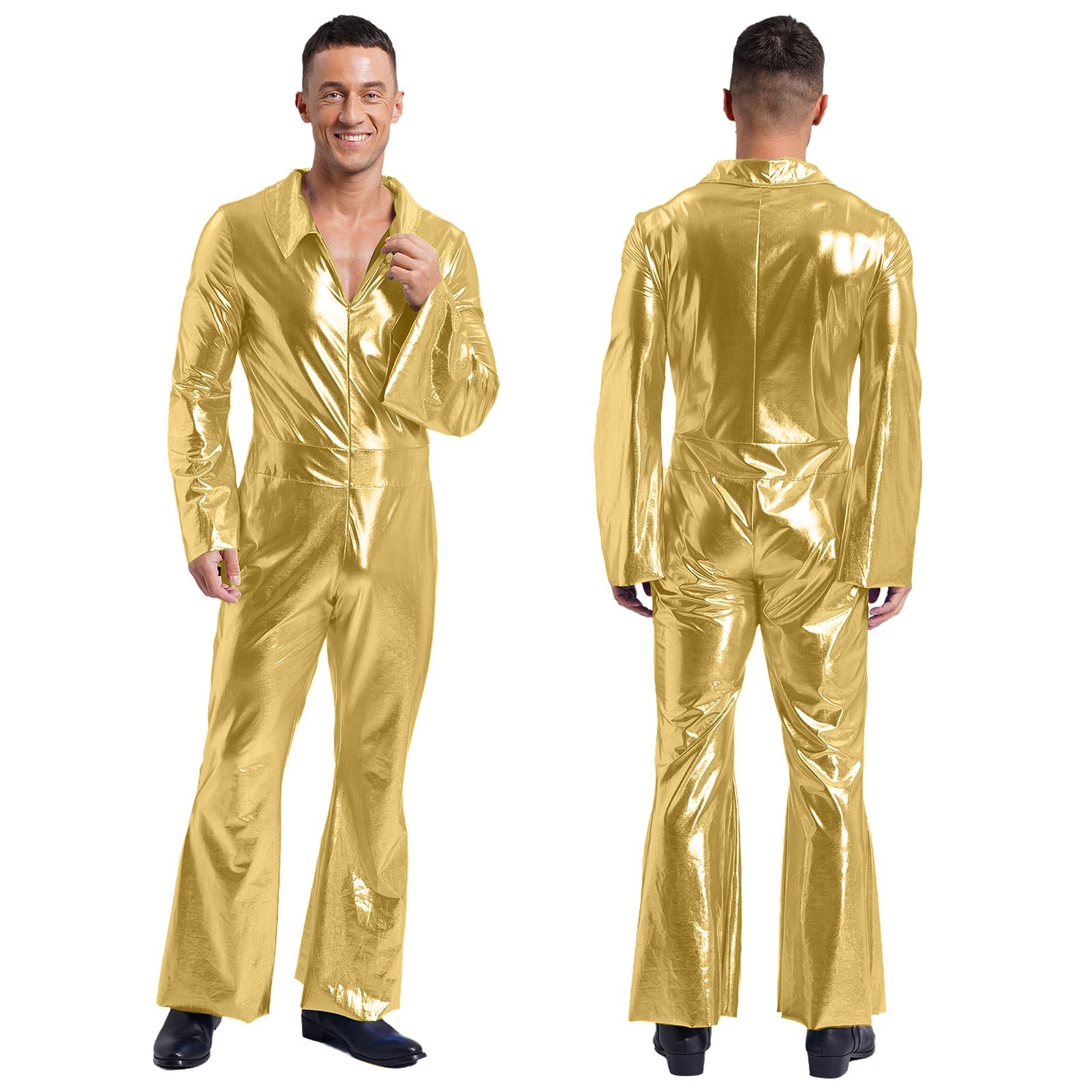 Men Bell Bottom Pants Jumpsuit Rompers Vintage 80s Disco Hippie Costume for Rock Jazz Dancewear Musical Theme Party Dress-up