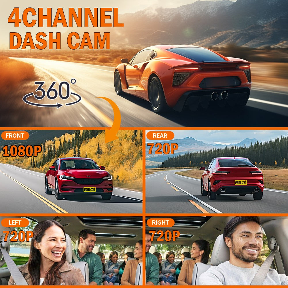 Câmera automotiva (Dashcam) 4 canais Black Box WiFi Câmera de condução FHD 1080P Visão Noturna Gravação em Loop adiciona kit de fiação acessórios automotivos