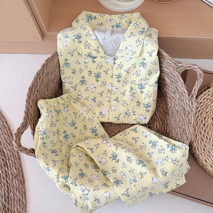 Sweet Cute Goose Print Korean Fashion Women's Pajamas Nightwear Kawaii Casual Lapel Neck Y2K Pajamas Set Autumn New Loungewear