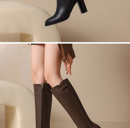 Ods Soft Cow Leather Black Knee High Boots Chunky Mid Heels Zipper Women's Long Boot Big Size Luxury Designer Sexy Shoes 4143 46