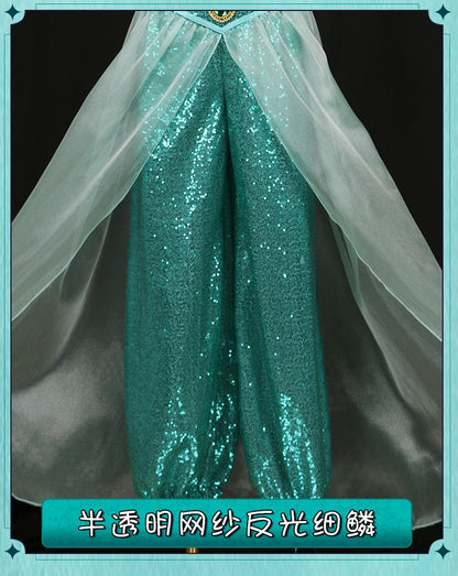 Aladdin Princess Jasmine Cosplay Costume Adult Green Sequined Off Shoulder Top Pants Skirt Set Halloween Party Dress