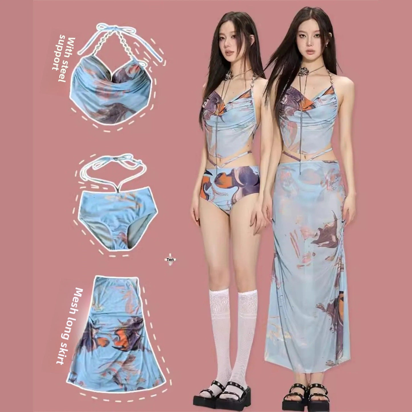 2024 New Three-Piece Bikini Set Beach Vacation Hot Spring Trip Slimming Long Skirt Separate Swimsuit Meat Concealing Photography