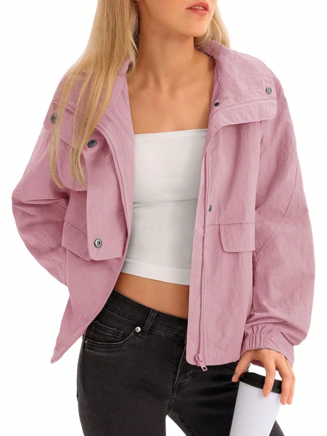 Fisoew Womens Cropped Jacket Zip Up Lightweight Hooded Trench Coat Active Outdoor Windbreaker Raincoat with Pockets