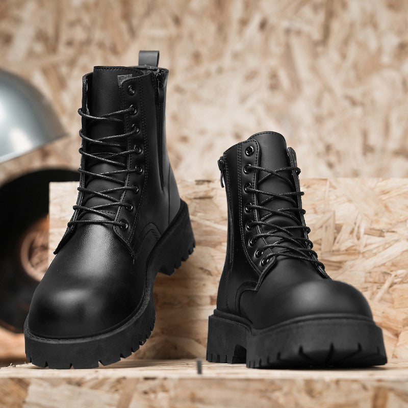 Botas casuais de casal, para quatro estações, masculinas e femininas, de cano alto, em couro, fashion, com sola grossa, antiderrapantes, plus size, para uso ao ar livre