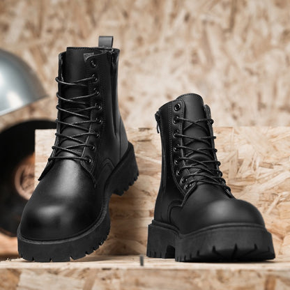 Botas casuais de casal, para quatro estações, masculinas e femininas, de cano alto, em couro, fashion, com sola grossa, antiderrapantes, plus size, para uso ao ar livre