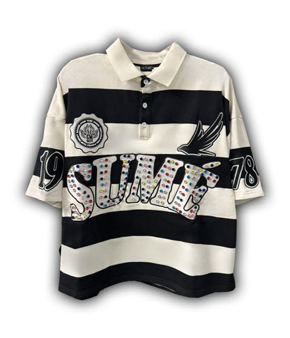 Sume New Retro Men Hip Hop Klein Stone Embroidery Stripe Polo Shirt Y2K Fashion Classic Lapel Neck Shirt Short Sleeves T shirt