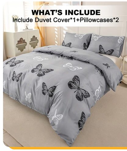 Conjunto de Capa de Edredom com Estampa de Borboleta 3 Peças, Conjunto de Cama Macio e Suave para a Pele Inclui 1 Capa de Edredom e 2 Fronhas
