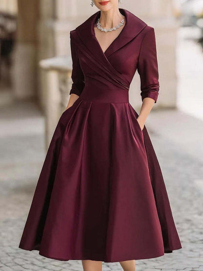 Elegant Wedding Guest Dress Women Turndown Collar Mid-Length Waisted A-Line Satin Evening Dress Cocktail Party Midi Dresses
