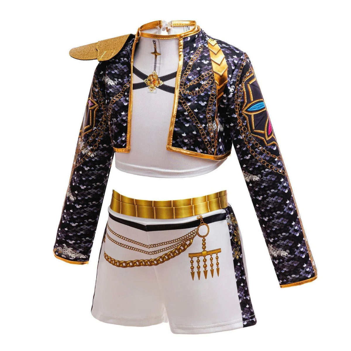 Girls Black?Gold 3D Printed Jacket Shorts Cosplay Set Kids Outfit for Stage Show Birthday Party Halloween Carnival Dress?Up