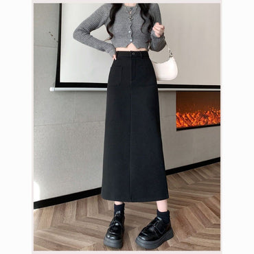 Autumn Winter Vintage All-match Solid Color High Waist Skirt Ladies Korean Fashion Buttons Zipper Slim Long Dress Women Clothes