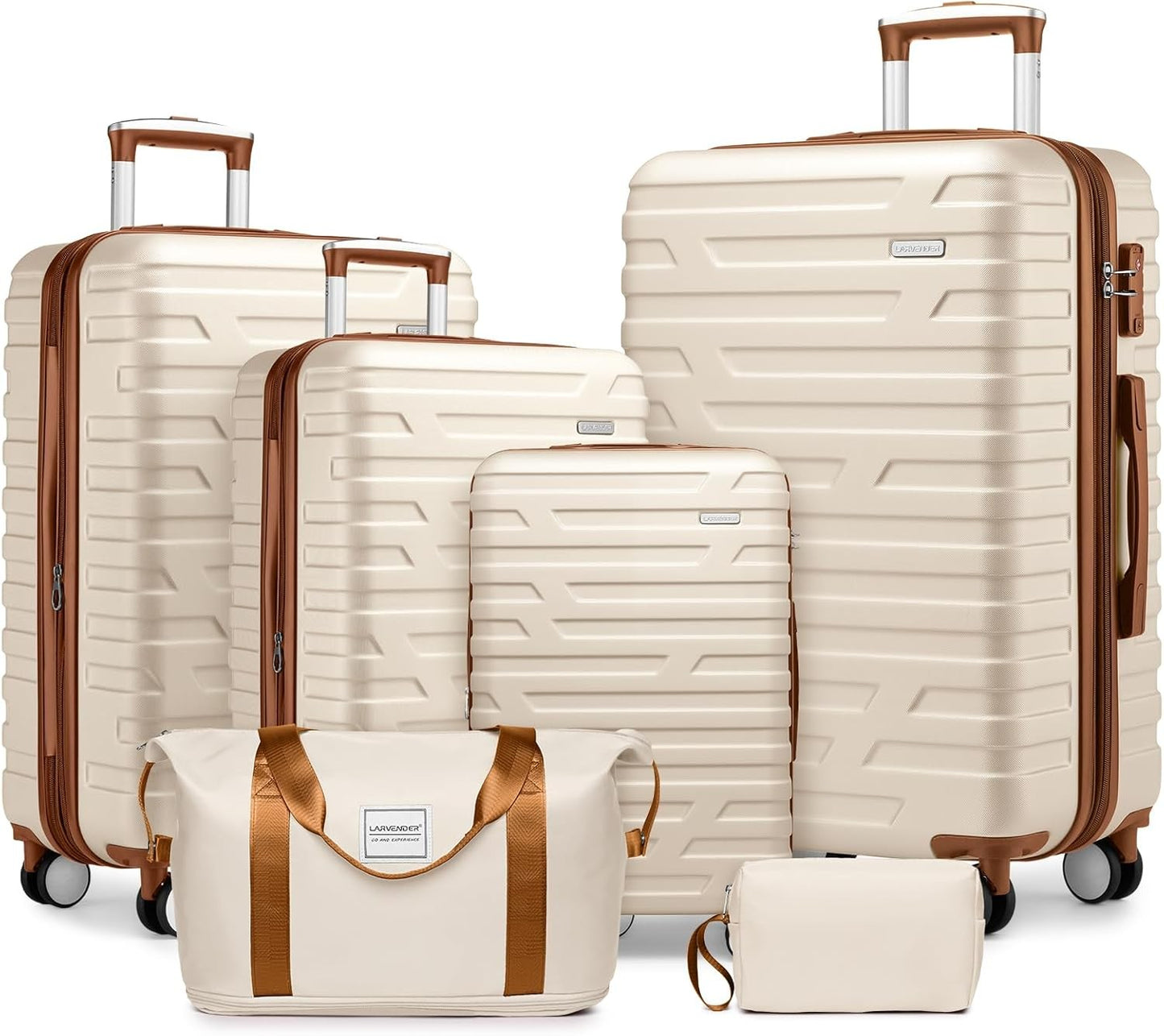 Conjuntos de Malas 6 Peças com Bolsas de Viagem, Malas Rígidas Expansíveis com Rodas Giratórias e Fechadura TSA, Grande Capacidade Creme