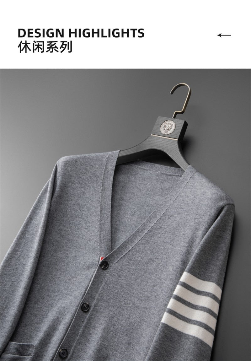 High end brand knitted cardigan men's spring and autumn new classic stripe trend Korean casual side slit V-neck sweater coat