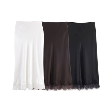 Sexy Satin Half-length Skirt for Women Autumn 2025 Fashionable Trendy Girl Long Skirt A- line Lace Embellished Commute Style