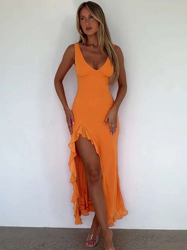 Avrilyaan Ruffle High Split Sexy Dress Women 2024 Robes Elegant Evening Summer D