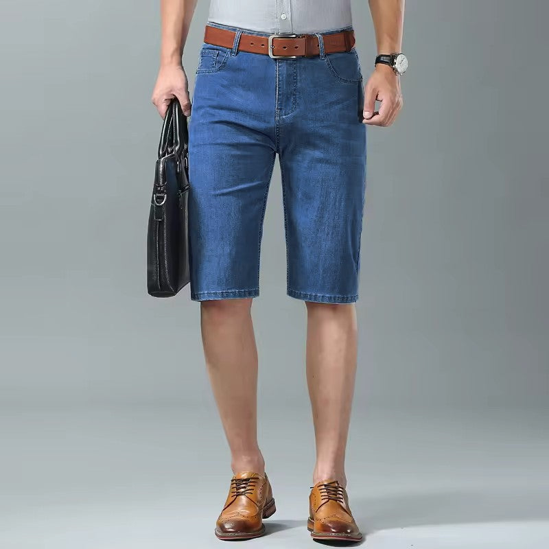 Summer Men Denim Shorts New Style Thin Embroidery Business Casual Straight  Short Jeans Male Brand Clothing Black Blue