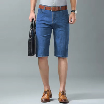 Summer Men Denim Shorts New Style Thin Embroidery Business Casual Straight  Short Jeans Male Brand Clothing Black Blue