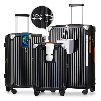 Conjunto de malas Joyway 3/5 peças pretas, malas expansíveis de 20/24 polegadas, porta-copos, trava TSA, rodas antiderrapantes, leves e duráveis