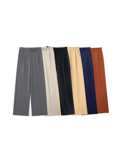 TRZA Women Fashion With Darts Front Pockets Wide Leg Pants Vintage High Waist Zi
