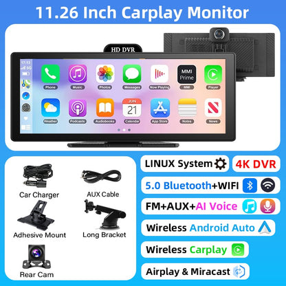Gravador de Vídeo DVR 4K de 10/11,26 Polegadas com CarPlay e Android Auto Sem Fio, Câmera Veicular, Áudio Bluetooth, Navegação GPS e Duas Lentes para Painel
