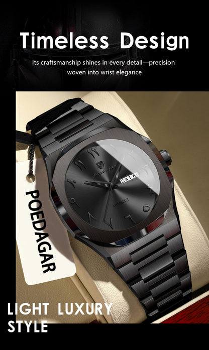 POEDAGAR Fashion High Quality Men Clock Date Week Waterproof Watch For Man Quartz Stainless Steel Luxury Men's Watches Reloj+Box