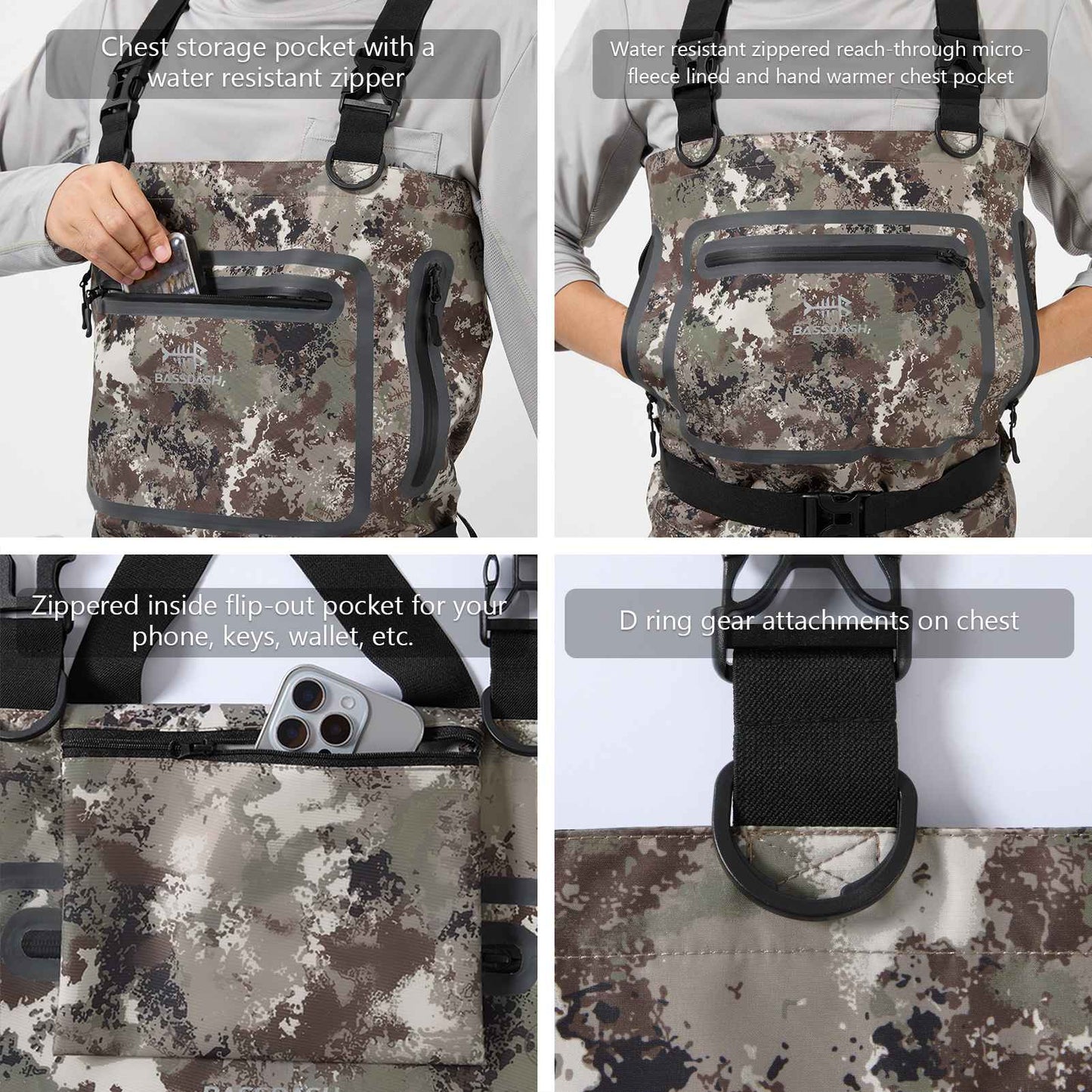 BASSDASH Stockingfoot Masculina Leve e Respirável, Macacão de Peito com Meias, Camuflado Preto para Pesca com Mosca e Caça FW11