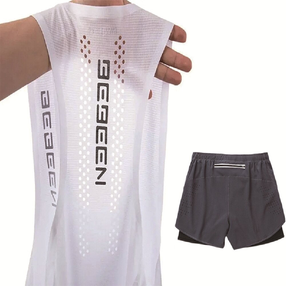 Men's running vest and shorts set with mesh design: breathable, comfortable, quick-drying, a two-piece suit for sports and fitne
