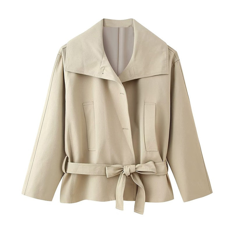 Belted Waist Cropped Trench Double Breasted Stand Collar 2025 Autumn Chic Elegant Women Coat Casual Vintage Office Lady Jacket