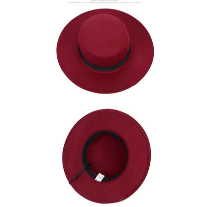 New Classic Solid Color Felt Fedoras Hat Belt for Men Women Blend Jazz Cap Wide Brim Simple Church Derby Flat Top Hat Mujer