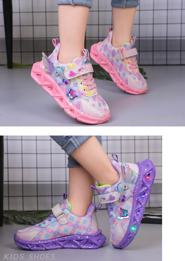 Disney Children's Sports Shoes Led Lights Sneaker Cartoon Frozen Princess  Elsa PU Leather Girls' Pink Children's Running Shoes