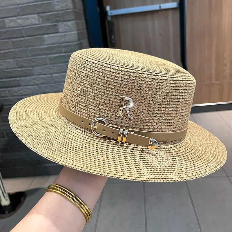Rhinestone Straw Hat Women's Summer Beach Sunshade Hat Braided Straw Sunblock Hat French Belt Vintage Top Hat Sun Hats For Women