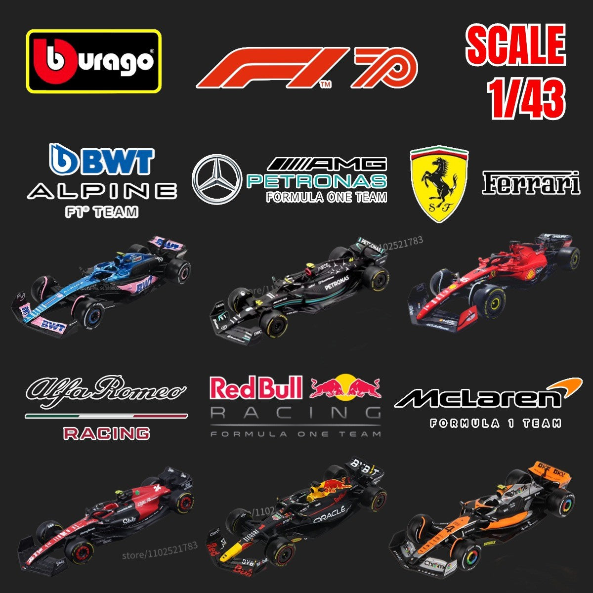 Bburago 1:43 Modelo de Carro de Corrida F1 Réplica em Miniatura Red Bull Mercedes Ferrari Veículo Presente de Natal Brinquedo Infantil para Amigo Menino